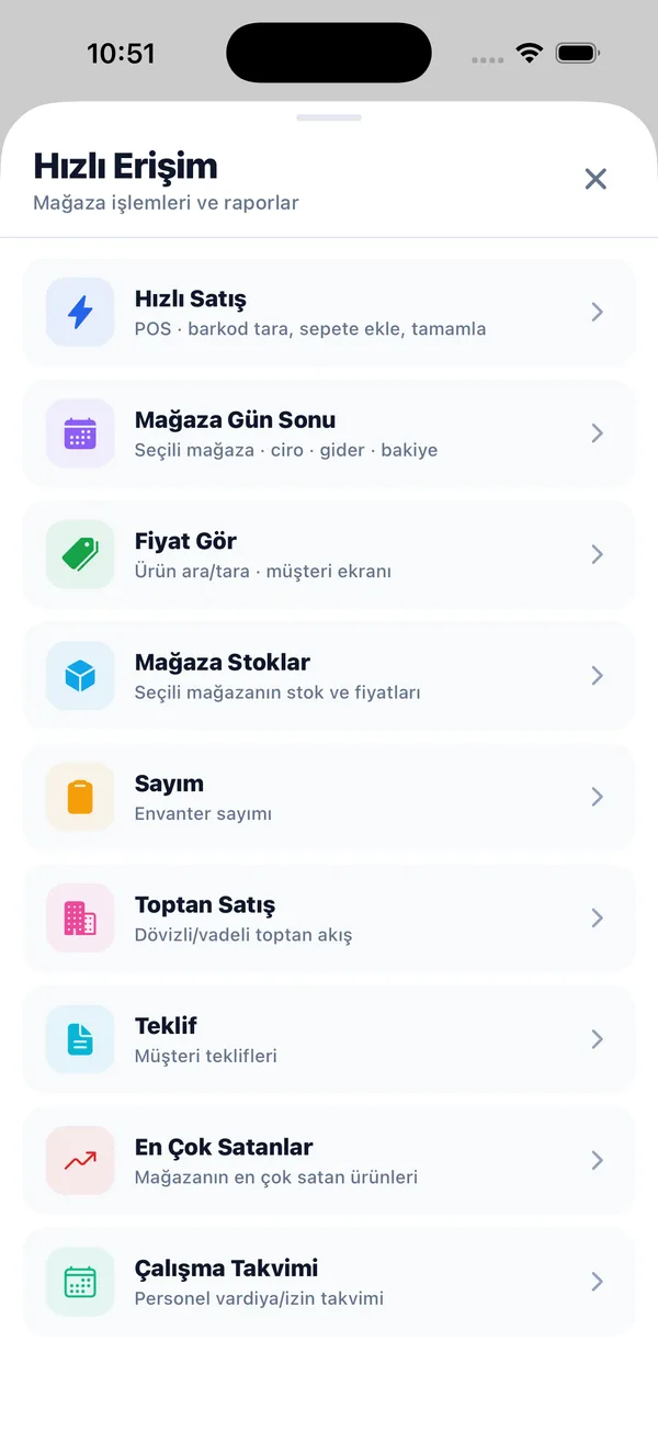 KuvvemERP mobil hızlı erişim menüsü: sık kullanılan işlemler